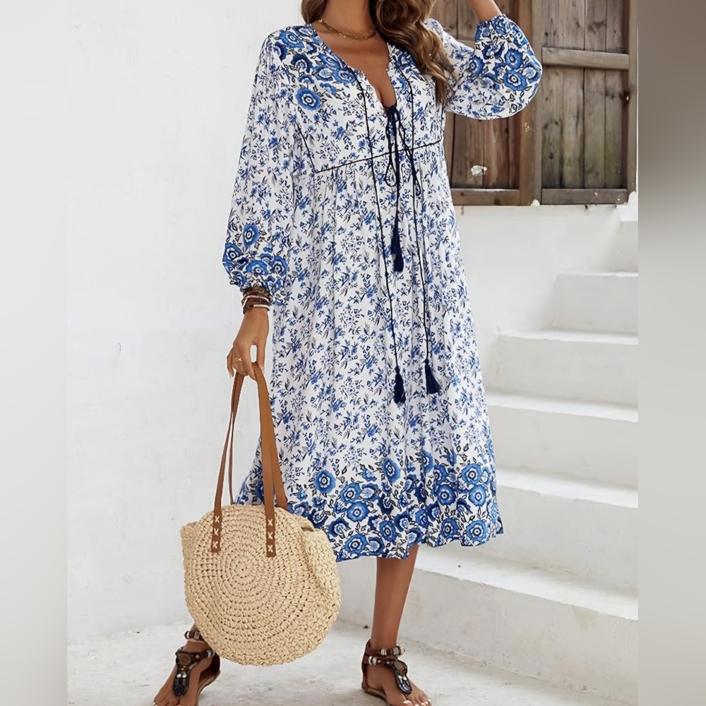 R.Vivimos Women's Long Sleeve Floral Print Retro VNeckTassel Bohemian Midi Dress